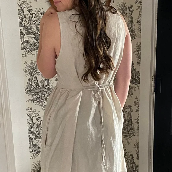 LinenbyMN Linen V Neck Button Midi Dress Light Beige Small - Picture 3 of 7